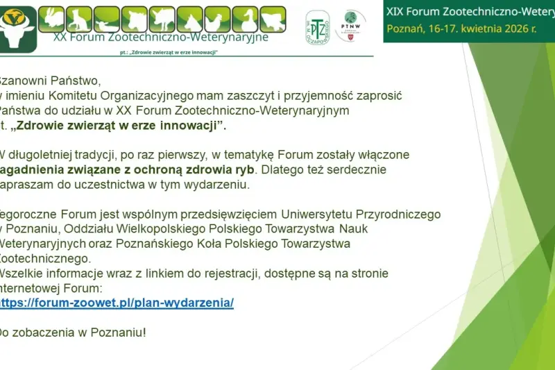 Zaproszenie do udziału w XX Forum Zootechniczno-Weterynaryjnym pt. „Zdrowie zwierząt w erze innowacji”